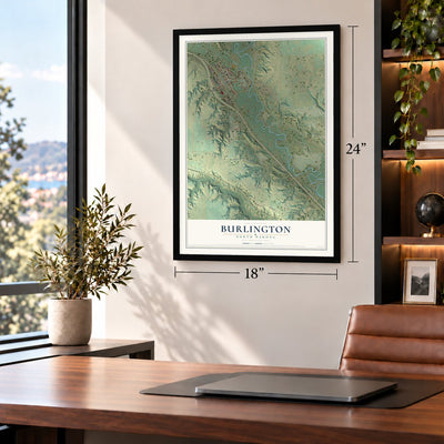 Burlington, North Dakota map, 18 x 24 inch print in a black frame in a home office