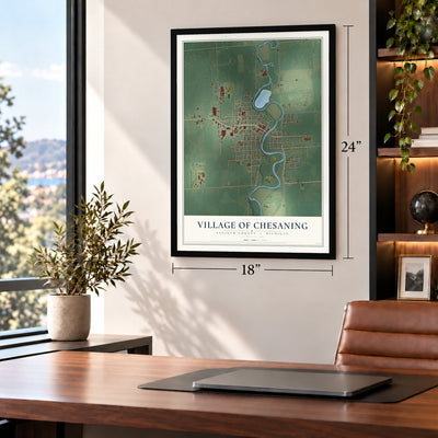 Chesaning, Michigan map, 18 x 24 inch print in a black frame in a home office