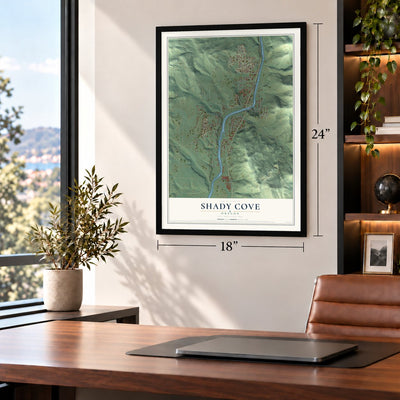 Shady Cove, Oregon map, 18 x 24 inch print in a black frame in a home office