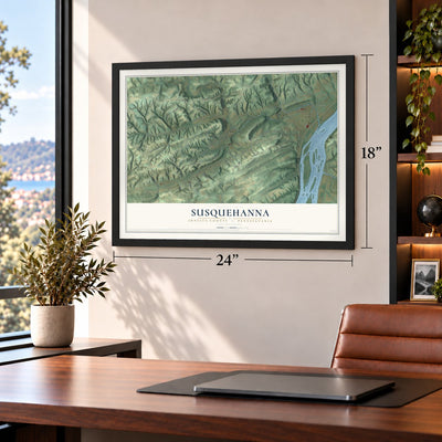 Susquehanna, Juniata County, Pennsylvania map, 18 x 24 inch print in a black frame in a home office