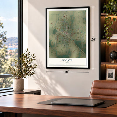 Bogata, Texas map, 18 x 24 inch print in a black frame in a home office