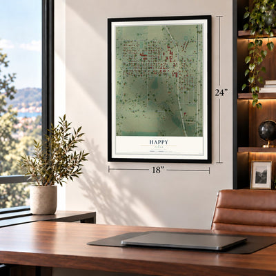 Happy, Texas map, 18 x 24 inch print in a black frame in a home office