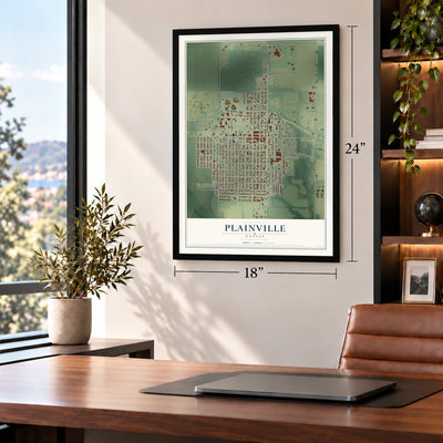 Plainville, Kansas map, 18 x 24 inch print in a black frame in a home office