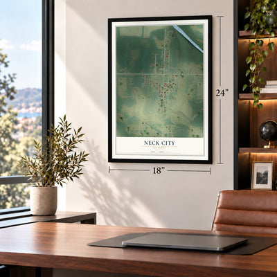Neck City, Missouri map, 18 x 24 inch print in a black frame in a home office