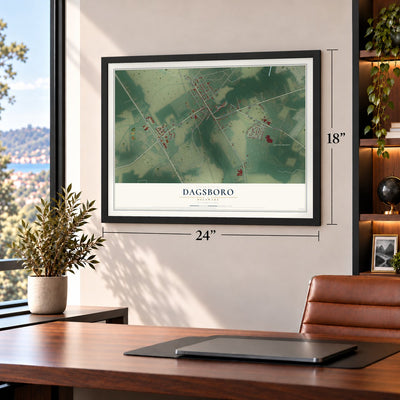 Dagsboro, Delaware map, 18 x 24 inch print in a black frame in a home office