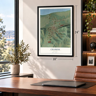 Chamois, Missouri map, 18 x 24 inch print in a black frame in a home office