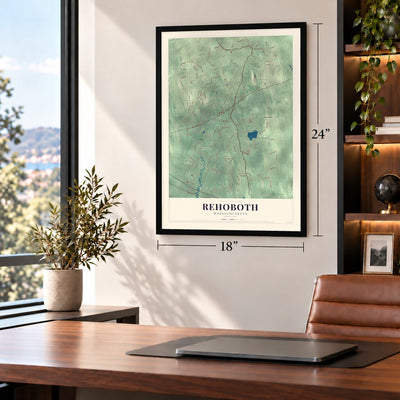 Rehoboth, Massachusetts map, 18 x 24 inch print in a black frame in a home office
