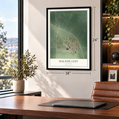 Dalton City, Illinois map, 18 x 24 inch print in a black frame in a home office