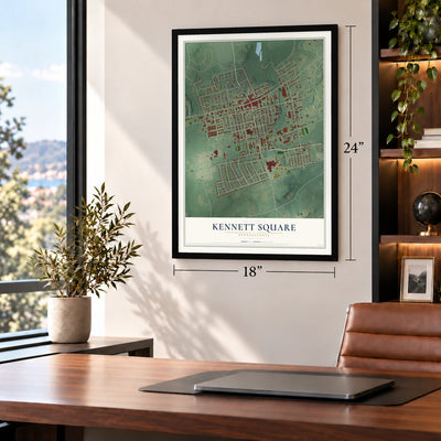 Kennett Square, Pennsylvania map, 18 x 24 inch print in a black frame in a home office