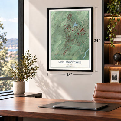 Mechanicstown, New York map, 18 x 24 inch print in a black frame in a home office