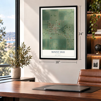 Mount Erie, Illinois map, 18 x 24 inch print in a black frame in a home office