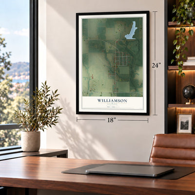 Williamson, Illinois map, 18 x 24 inch print in a black frame in a home office