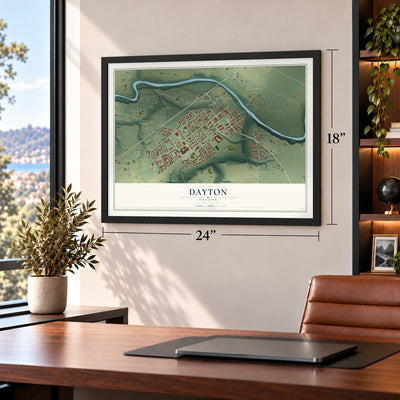 Dayton, Oregon map, 18 x 24 inch print in a black frame in a home office