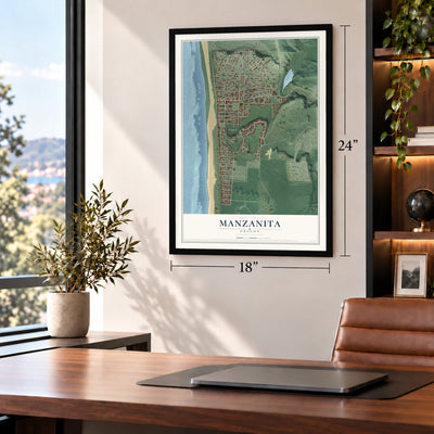 Manzanita, Oregon map, 18 x 24 inch print in a black frame in a home office
