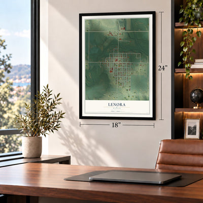Lenora, Kansas map, 18 x 24 inch print in a black frame in a home office