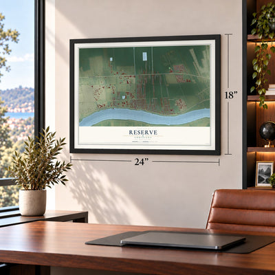 Reserve, Louisiana map, 18 x 24 inch print in a black frame in a home office