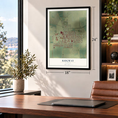 Ridgway, Illinois map, 18 x 24 inch print in a black frame in a home office