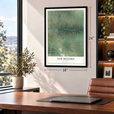 New Milford, Illinois map, 18 x 24 inch print in a black frame in a home office