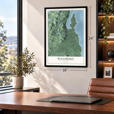Willsboro, New York map, 18 x 24 inch print in a black frame in a home office