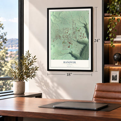 Hanover, Indiana map, 18 x 24 inch print in a black frame in a home office