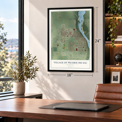 Prairie du Sac, Wisconsin map, 18 x 24 inch print in a black frame in a home office
