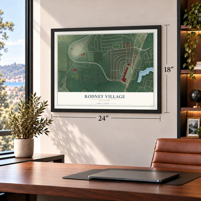 Rodney Village, Delaware map, 18 x 24 inch print in a black frame in a home office