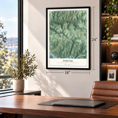 Porter, Jefferson County, Pennsylvania map, 18 x 24 inch print in a black frame in a home office