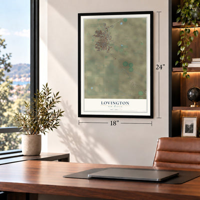 Lovington, New Mexico map, 18 x 24 inch print in a black frame in a home office
