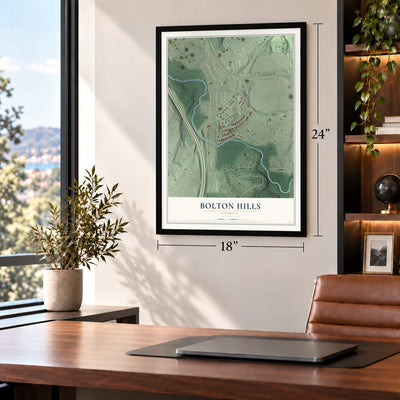 Bolton Hills, Georgia map, 18 x 24 inch print in a black frame in a home office