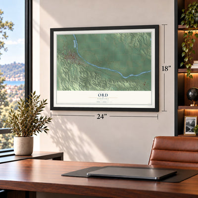 Ord, Nebraska map, 18 x 24 inch print in a black frame in a home office