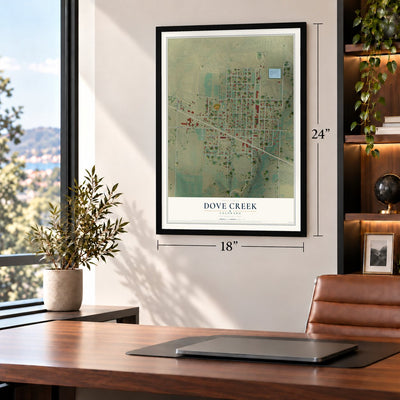Dove Creek, Colorado map, 18 x 24 inch print in a black frame in a home office