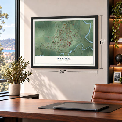 Wymore, Nebraska map, 18 x 24 inch print in a black frame in a home office