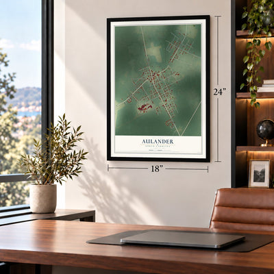 Aulander, North Carolina map, 18 x 24 inch print in a black frame in a home office