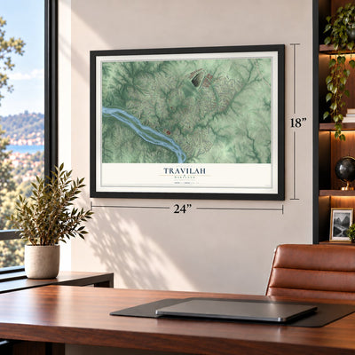 Travilah, Maryland map, 18 x 24 inch print in a black frame in a home office