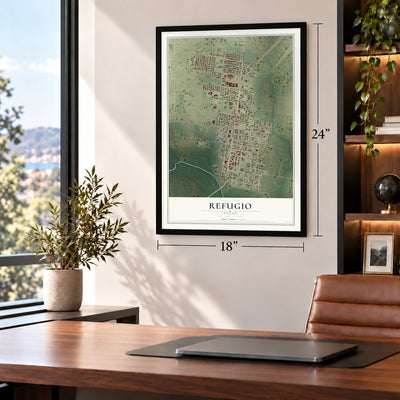 Refugio, Texas map, 18 x 24 inch print in a black frame in a home office