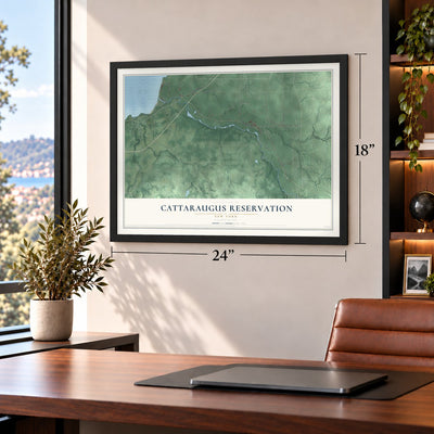 Cattaraugus Reservation, New York map, 18 x 24 inch print in a black frame in a home office