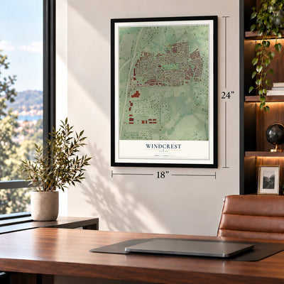 Windcrest, Texas map, 18 x 24 inch print in a black frame in a home office
