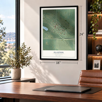 Flaxton, North Dakota map, 18 x 24 inch print in a black frame in a home office