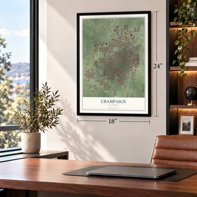 Champaign, Illinois map, 18 x 24 inch print in a black frame in a home office