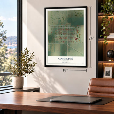 Covington, Oklahoma map, 18 x 24 inch print in a black frame in a home office