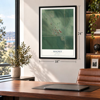 Magnet, Nebraska map, 18 x 24 inch print in a black frame in a home office