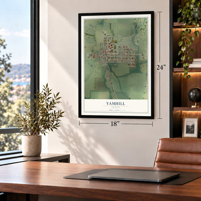 Yamhill, Oregon map, 18 x 24 inch print in a black frame in a home office