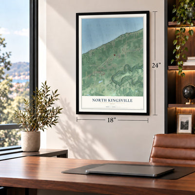 North Kingsville, Ohio map, 18 x 24 inch print in a black frame in a home office
