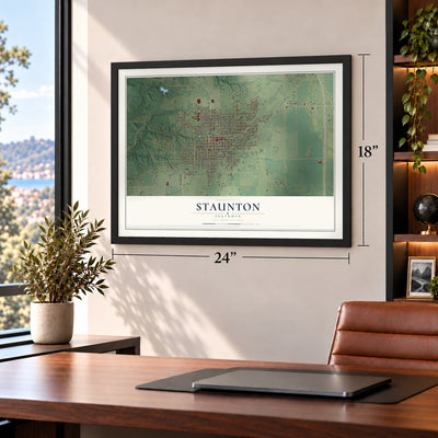 Staunton, Illinois map, 18 x 24 inch print in a black frame in a home office