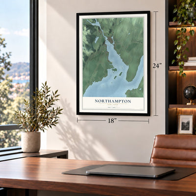 Northampton, New York map, 18 x 24 inch print in a black frame in a home office
