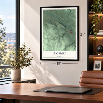 Frankfort, New York map, 18 x 24 inch print in a black frame in a home office
