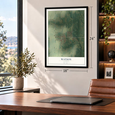 Watson, Illinois map, 18 x 24 inch print in a black frame in a home office