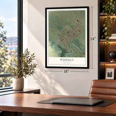 Walhalla, North Dakota map, 18 x 24 inch print in a black frame in a home office