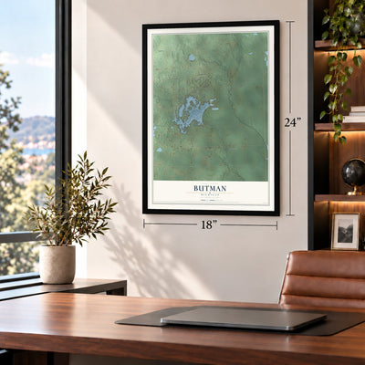 Butman, Michigan map, 18 x 24 inch print in a black frame in a home office