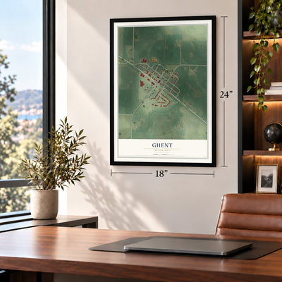 Ghent, Minnesota map, 18 x 24 inch print in a black frame in a home office